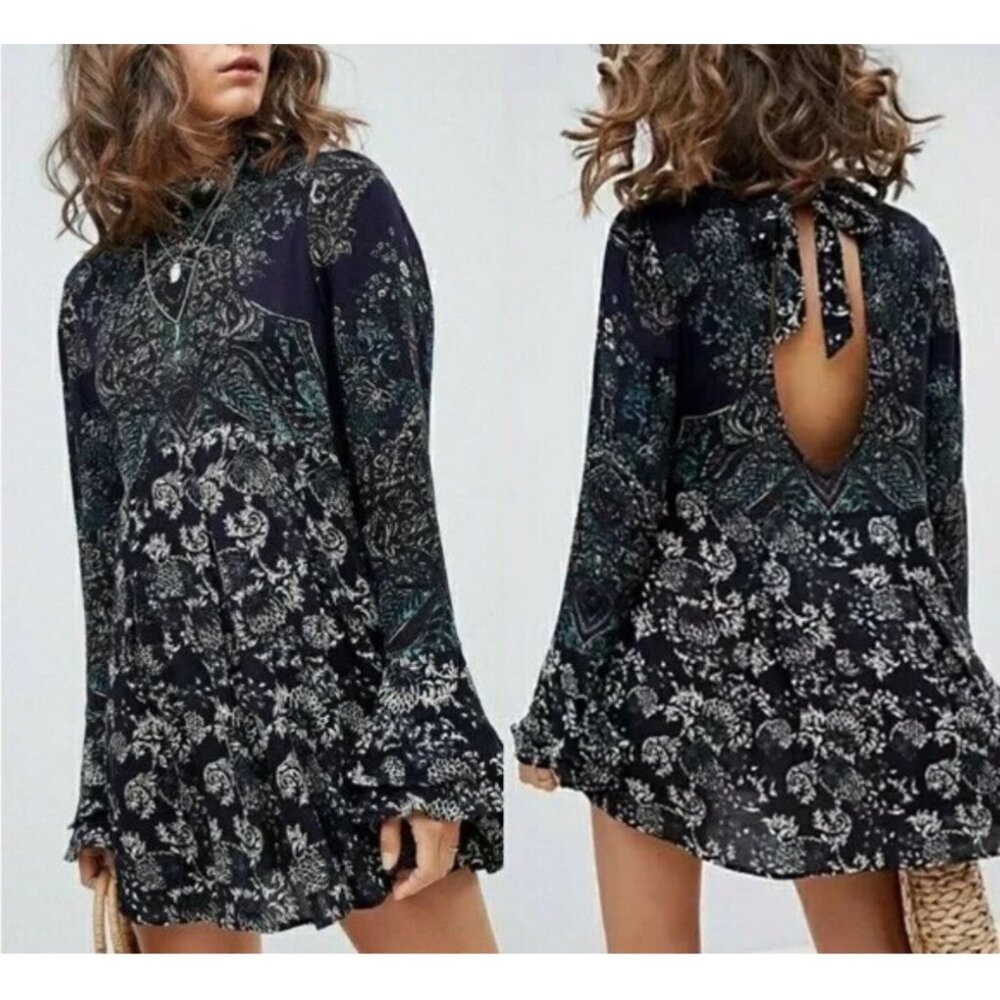 Free People Lady Luck‎ Tunic Dress Bell Sleeve boho blue combo sz M